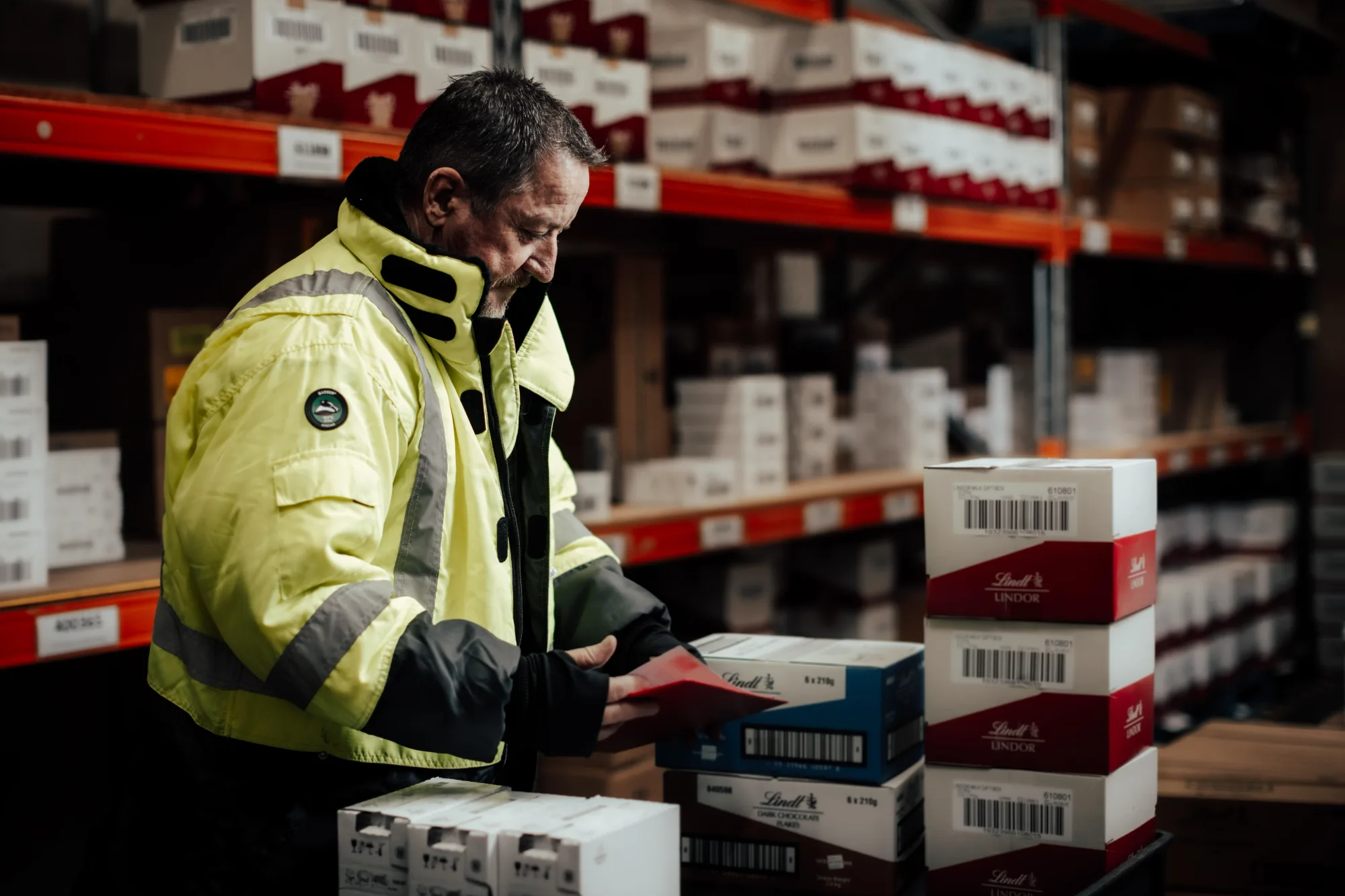 Deliver and Store warehouse team member picking cartons from racking