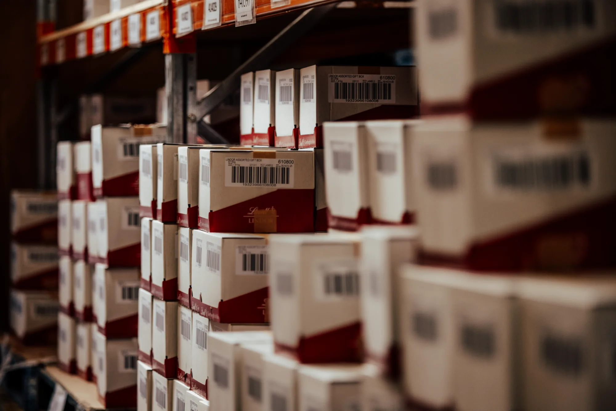 Cartons on pallet racking inside a Deliver and Store cold storage facility
