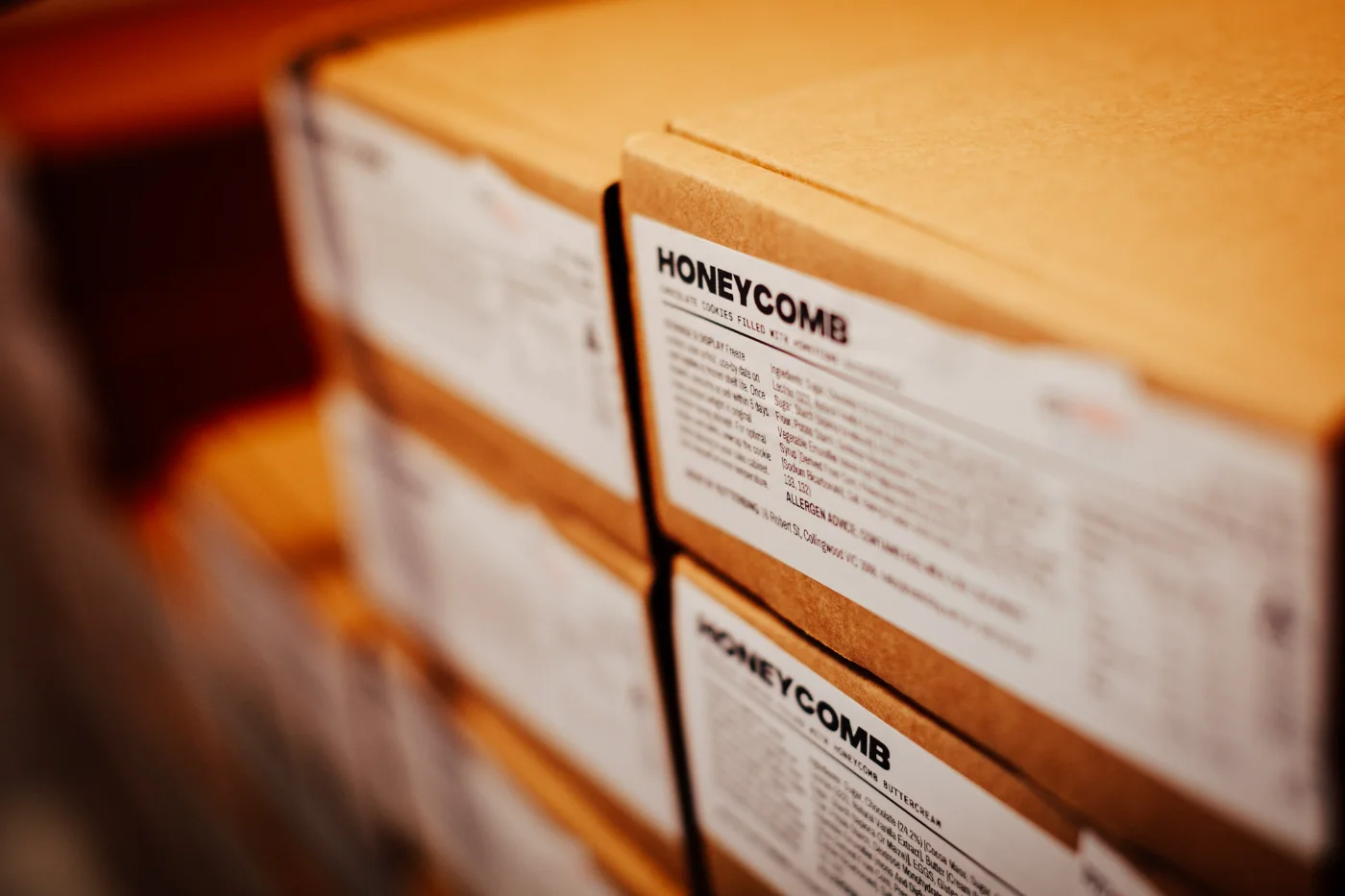 Cartons of Butterbing honeycomb chocolate cookies held in frozen storage at the Deliver and Store Deception Bay facility