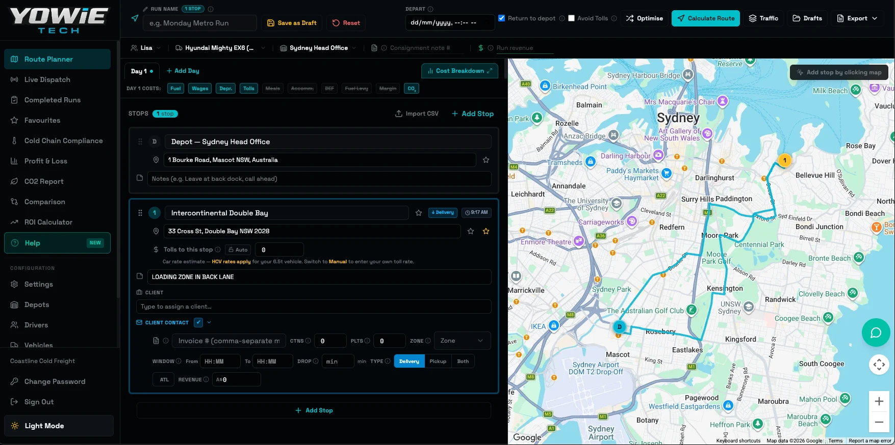 YowieTech Route Planner and Cost Calculator planning a multi-stop Sydney delivery run, with stop list, cost breakdown and live map